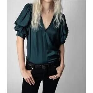 Zadig & Voltaire Taste V Neck Tiered Puff Short Sleeve Satin Blouse Top Small